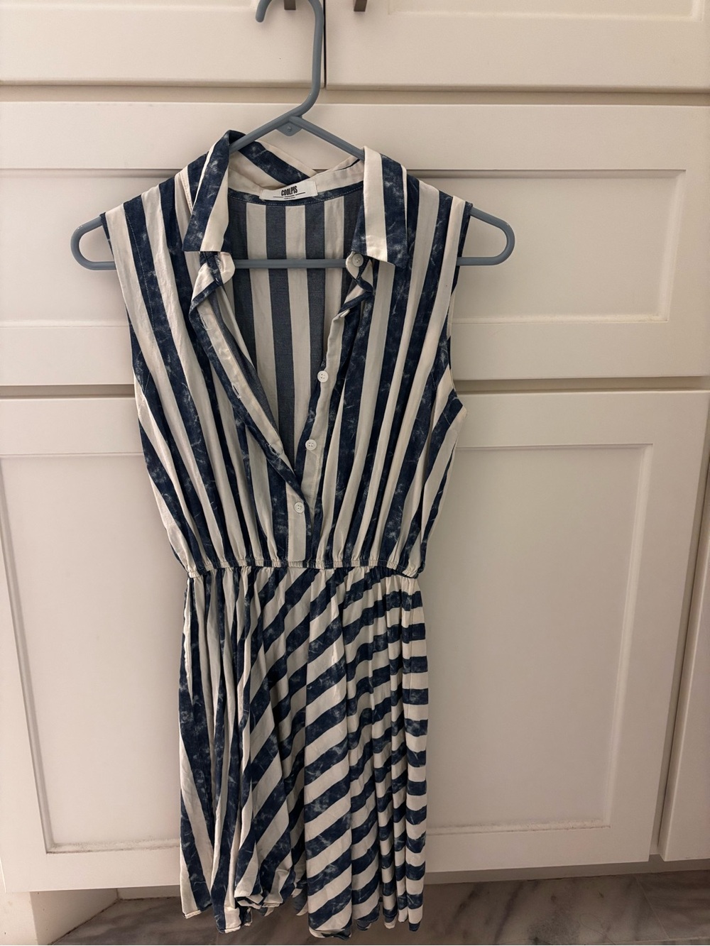 Sleeveless Navy and White Striped Shirt Dress